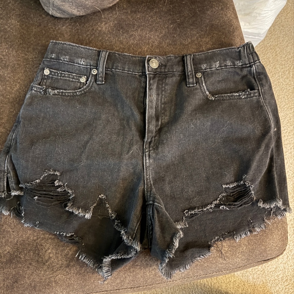 aerie Black Distressed High-Rise Denim Shorts